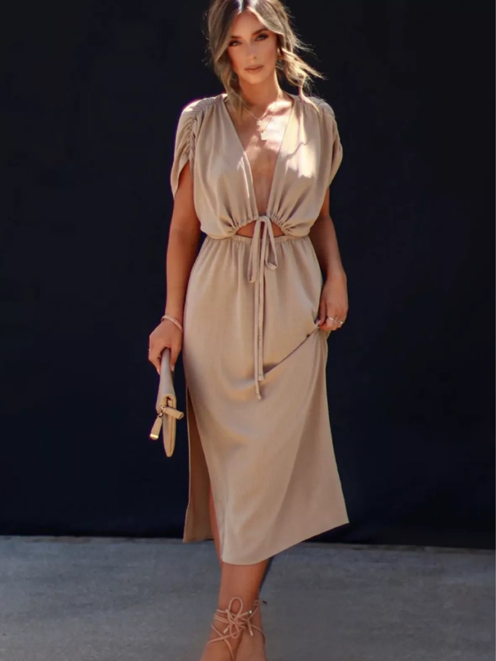 Tyche Beige Tie-Front Midi Dress with V-Neck